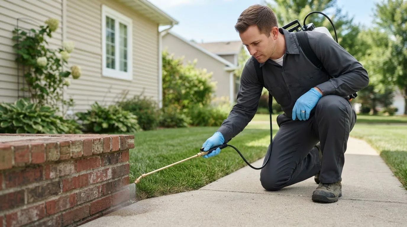 Pest control technician treating a home near Mereta, TX