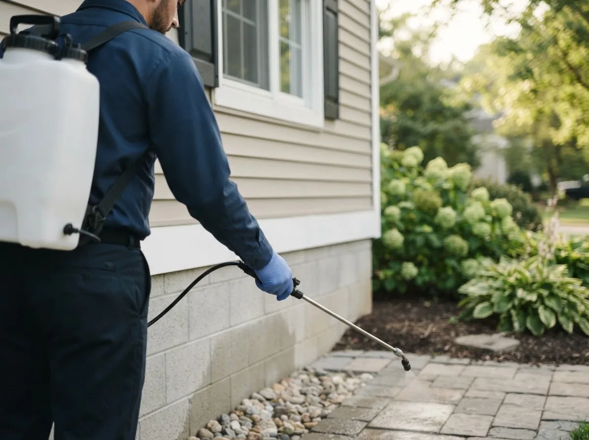 Pest control technician inspecting a home in Mereta, TX